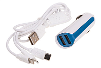 Зарядное уст-воSKYWAY D35-BLUE (AK07) 12V microUSB/Type-C/Lightning USBx2 (1.0A+2.1A) 100см в короб